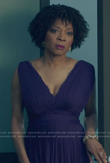 Violet's purple pleated lace-trim dress on Queen Sugar
