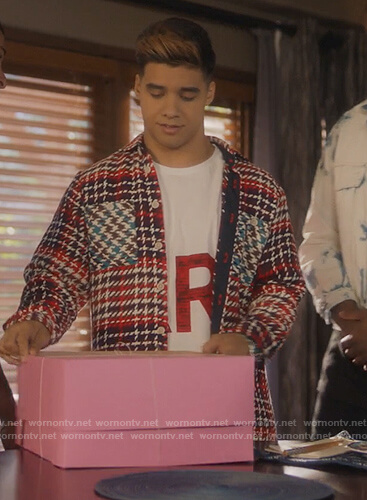 Vivek's red houndstooth shirt on Grown-ish