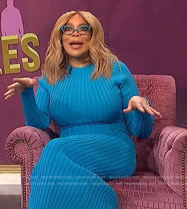 Wendy's blue ribbed midi dress on The Wendy Williams Show
