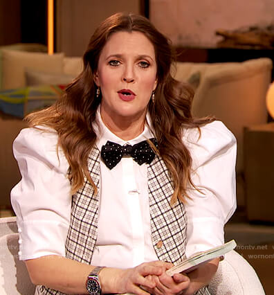 Drew's white puff sleeve blouse on The Drew Barrymore Show