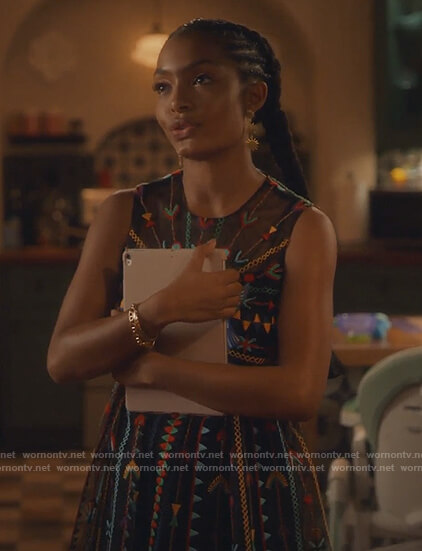 Zoey's black embroidered sleeveless dress on Grown-ish