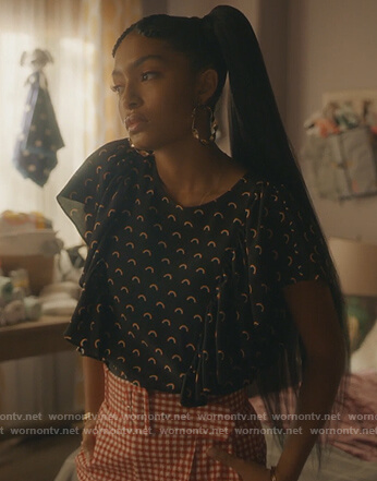 Zoey's black rainbow print ruffle top on Grown-ish
