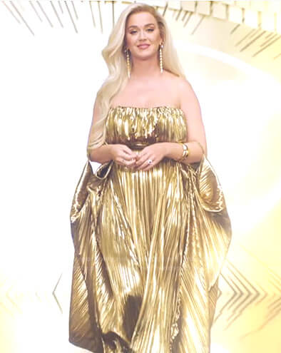 Katy's gold pleated strapless dress on American Idol