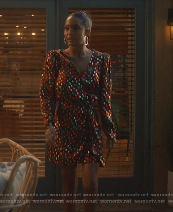 Zoey's metallic floral wrap dress on Grown-ish