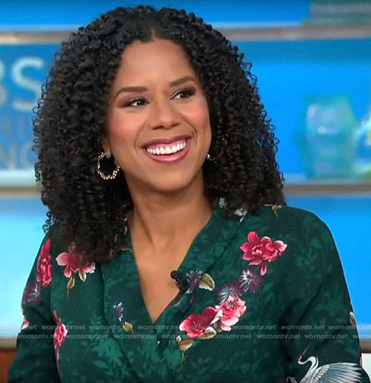 Adriana Diaz's green floral and bird print wrap blouse on CBS This Morning