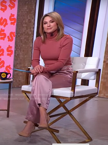 Amy's pink turtleneck sweater and satin pants on Good Morning America