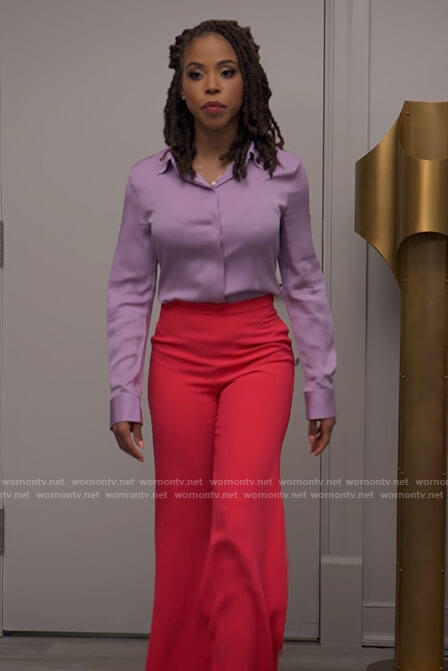 Andi's lilac blouse and pink flare pants on Tyler Perrys Sistas