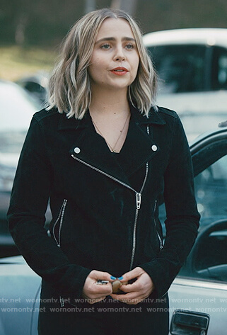 Annie's black suede moto jacket on Good Girls