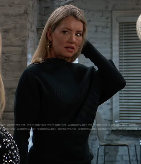 Nina's green ribbed off shoulder dress on General Hospital