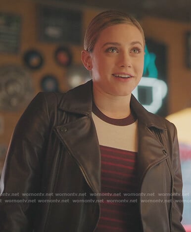 Betty's burgundy stripe sweater and black leather jacket on Riverdale