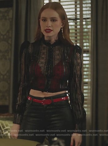 Chelsea's black lace top with leather trim on Riverdale