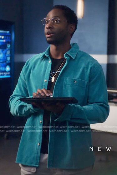 Chester's turquoise corduroy shirt on The Flash