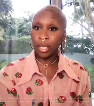 Cynthia Erivo's pink strawberry embellished blouse on The View