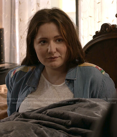 Debbie's embroidered-shoulder chambray shirt on Shameless