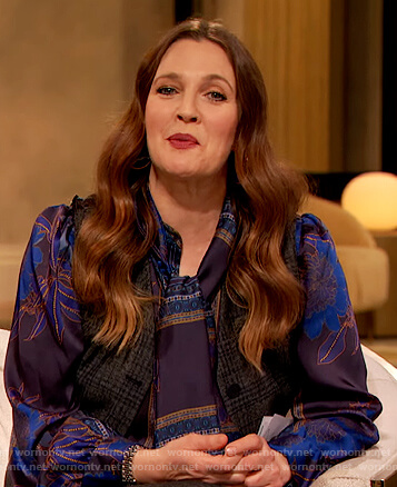 Drew's floral blouse and plaid pants on The Drew Barrymore Show