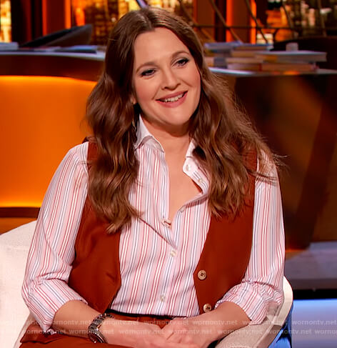 Drew's stripe button down shirt and vest on The Drew Barrymore Show