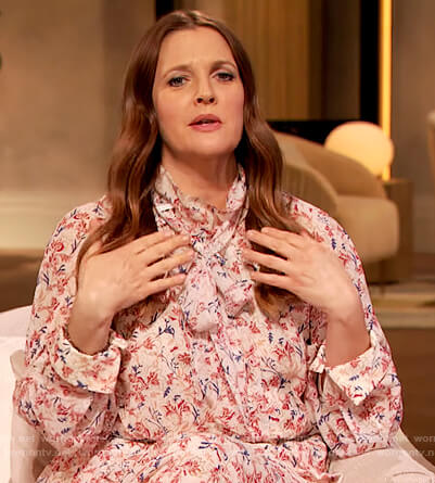 Drew's white floral midi dress on The Drew Barrymore Show