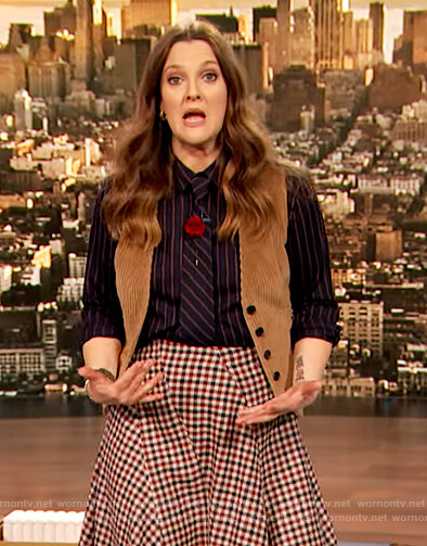 Drew's blue stripe blouse and gingham check skirt on The Drew Barrymore Show