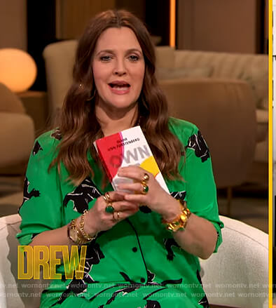 Drew's green panther print blouse and pants on The Drew Barrymore Show