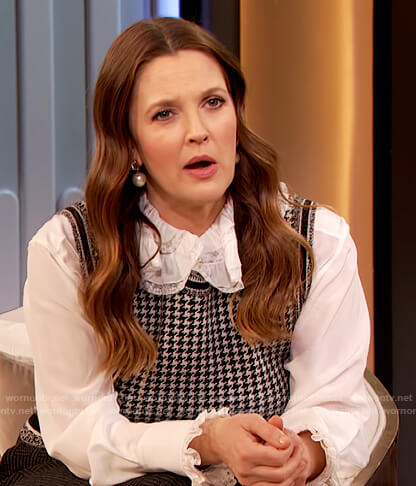 Drew's houndstooth vest and ruffle neck blouse on The Drew Barrymore Show
