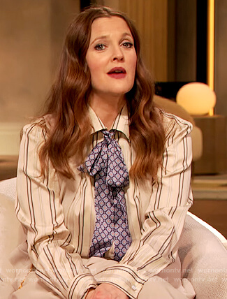 Drew's stripe blouse and pants on The Drew Barrymore Show