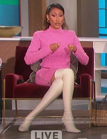 Elaine's pink embellished sweater and skirt on The Talk