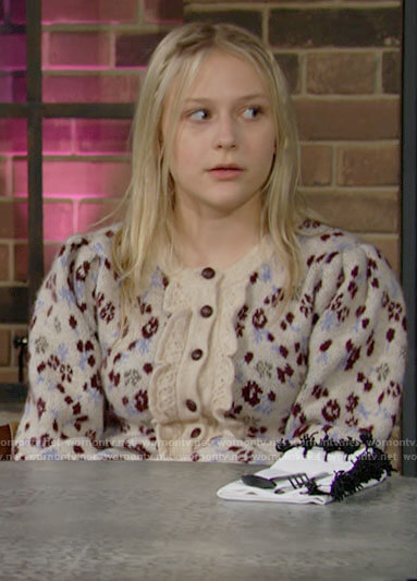 Faith's printed puff sleeve cardigan with ruffles on The Young and the Restless