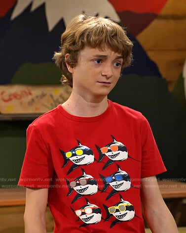 Finn's red shark print tee on Bunkd