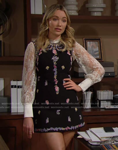 Flo's white lace top and black floral mini dress on The Bold and the Beautiful