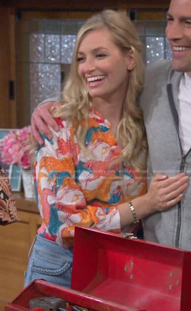 Gemma's horse print blouse on The Neighborhood