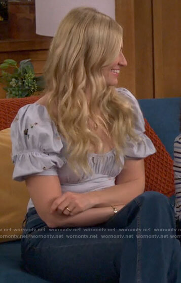Gemma's light blue floral puff sleeve top on The Neighborhood