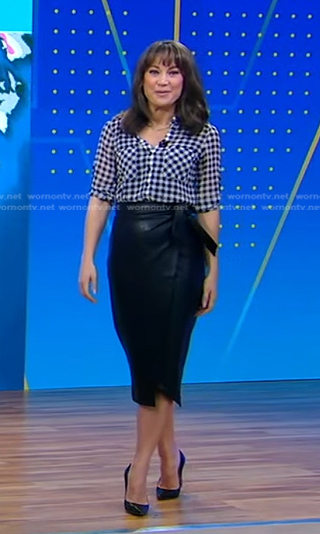 Ginger's gingham check blouse and leather skirt on Good Morning America