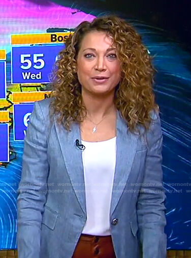 Ginger's blue blazer and brown leather pants on Good Morning America