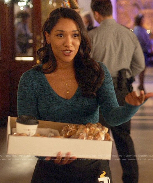 Iris's blue marled long sleeve dress on The Flash