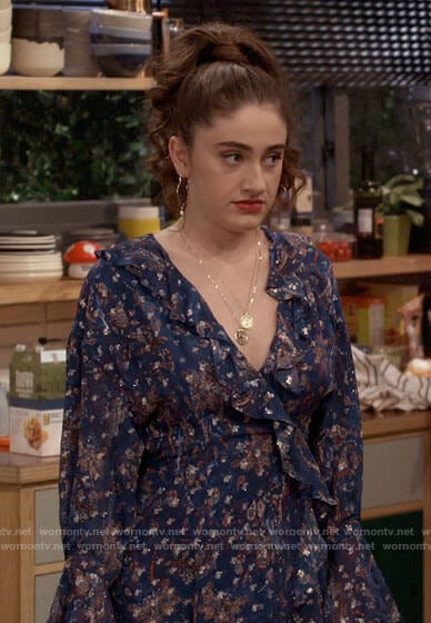 Jackie's blue metallic patterned wrap dress on Call Your Mother