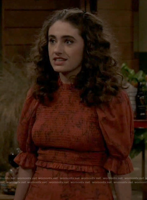 Jackie's orange floral smocked bodice dress on Call Your Mother
