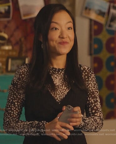 Janet's black printed mesh top on Kims Convenience