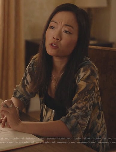 Janet's printed blouse on Kims Convenience