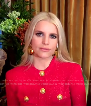 Jessica Simpson's red cardigan with gold buttons on Good Morning America