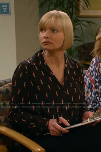 Jill's black lipstick print blouse on Mom