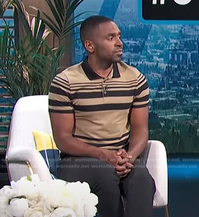 Justin's black and beige striped polo shirt on E! News Daily Pop