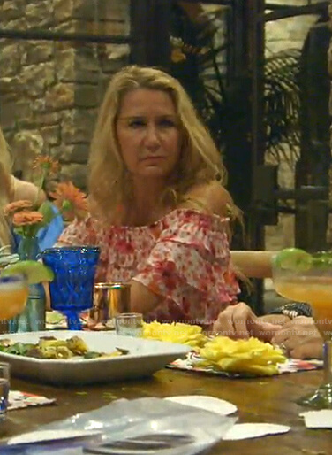 Kary's floral off-shoulder ruffle dress on The Real Housewives of Dallas