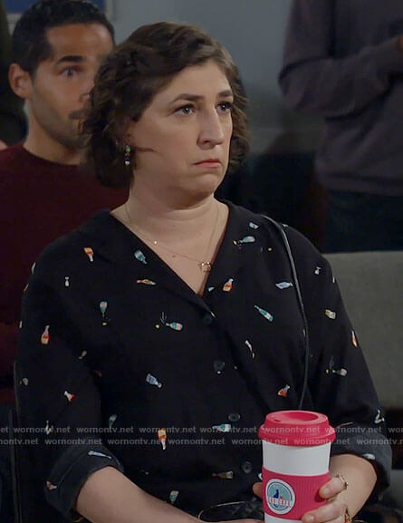 Kat's black champagne bottle print shirt on Call Me Kat