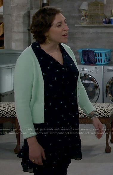 Kat's navy embroidered flowers dress and mint green cardigan on Call Me Kat