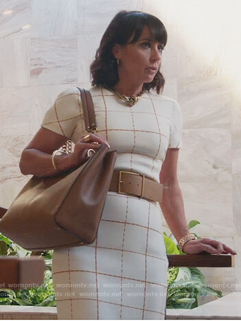 Kathleen's white check sheath dress on Good Trouble