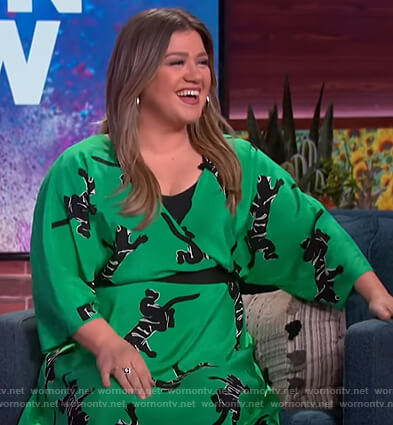 Kelly's green panther print wrap dress on The Kelly Clarkson Show