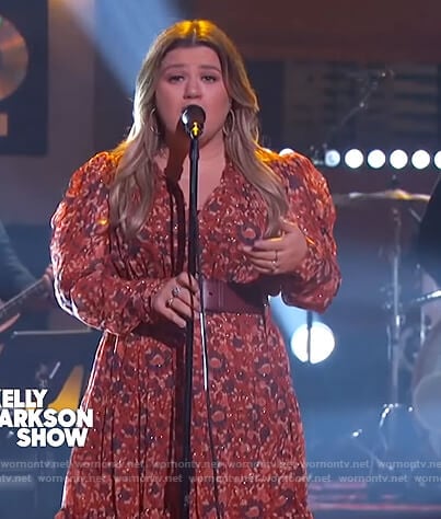 Kelly's floral metallic midi dress on The Kelly Clarkson Show