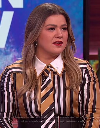 Kelly's stripe tie neck blouse on The Kelly Clarkson Show