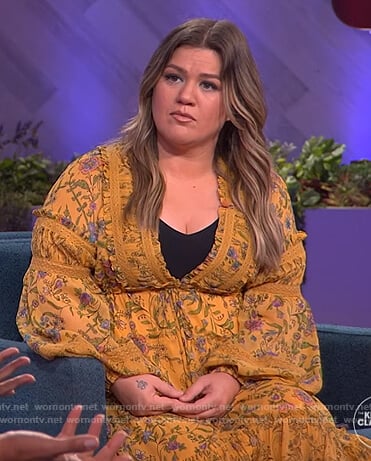 Kelly's yellow floral print ruffled dress  on The Kelly Clarkson Show