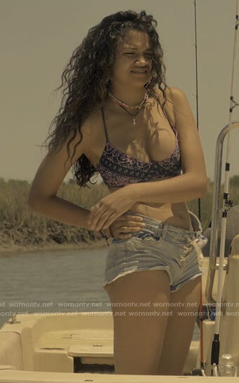 Kiara's paisley print bikini and tie denim shorts on Outer Banks